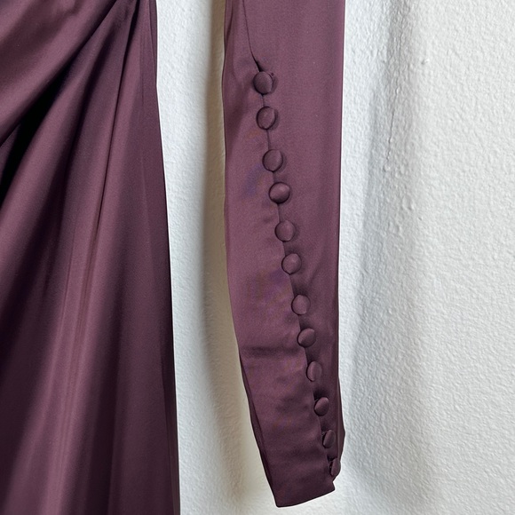 Meshki Avery Plum One Shoulder Maxi Dress S Long Sleeve Ruched Evening Gown - Picture 10 of 14